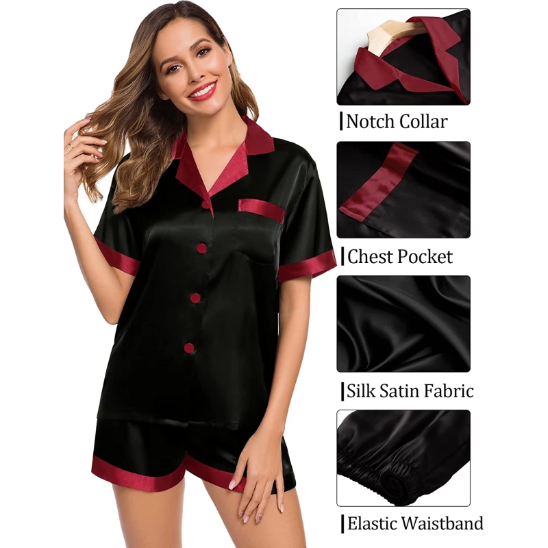 SWOMOG Couples Matching Pajama Set Silk Satin Short Sleeve Pjs Set Top and Shorts Sleepwear Soft Button-Down Loungewear - Image 4